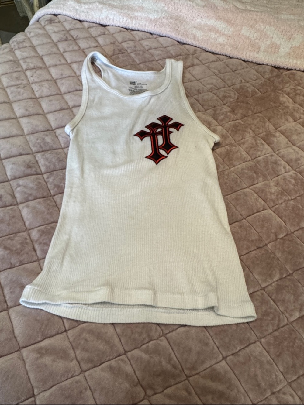 White Ribbed Tank with Red Gothic Patch